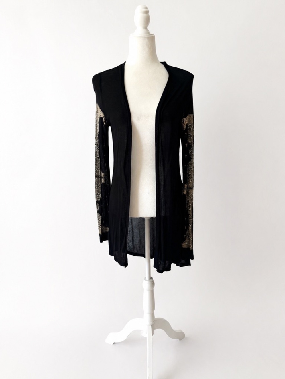 Vocal Black Sheer Embellished Cross Cardigan | Studded Gothic Boho Duster - Picture 3 of 11